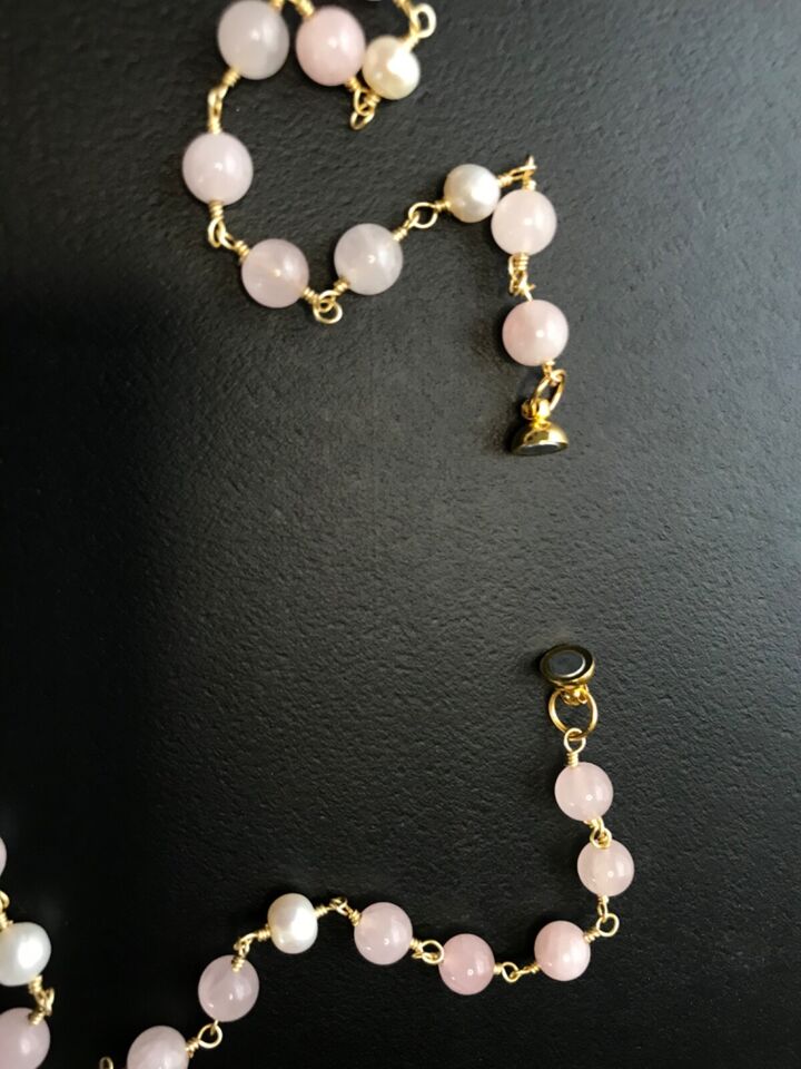 Santa Muerte Rosary / GOLD / Genuine Madagascar PINK ROSE QUARTZ / freshwater pearls / Magnetic closure /Handmade/ FREE SHIP